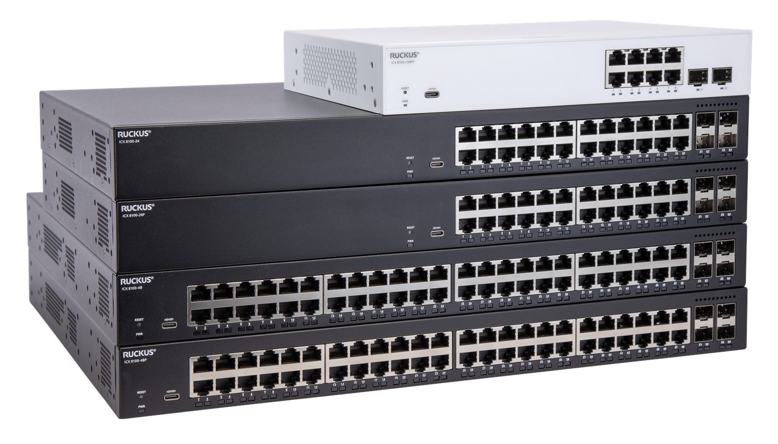 RUCKUS ICX 8100 switch stack, 45-degree right view