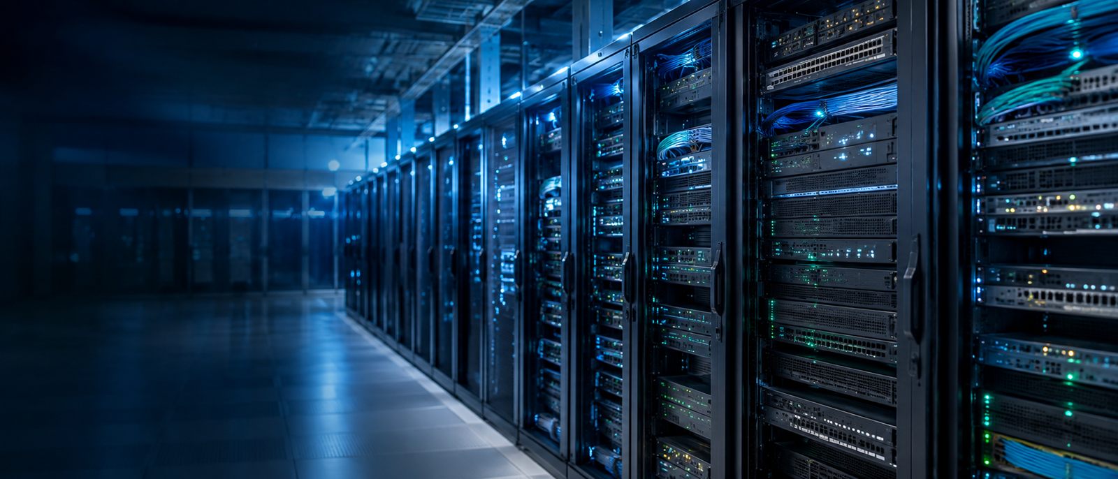 Data center server room with active networking equipment