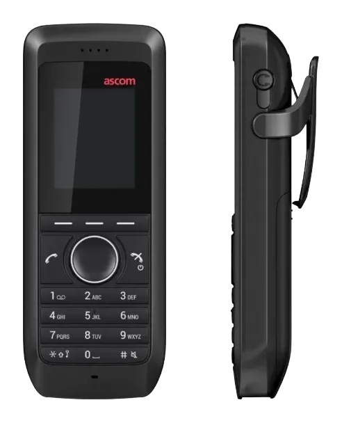 Ascom d43 DECT handset, front and side view