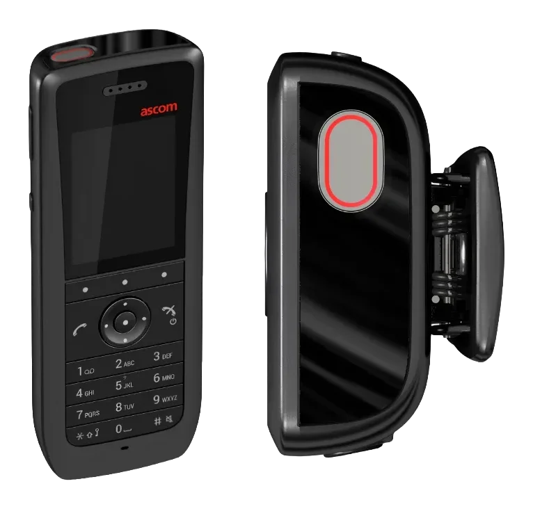 Ascom d63 DECT handset, black, left and top view
